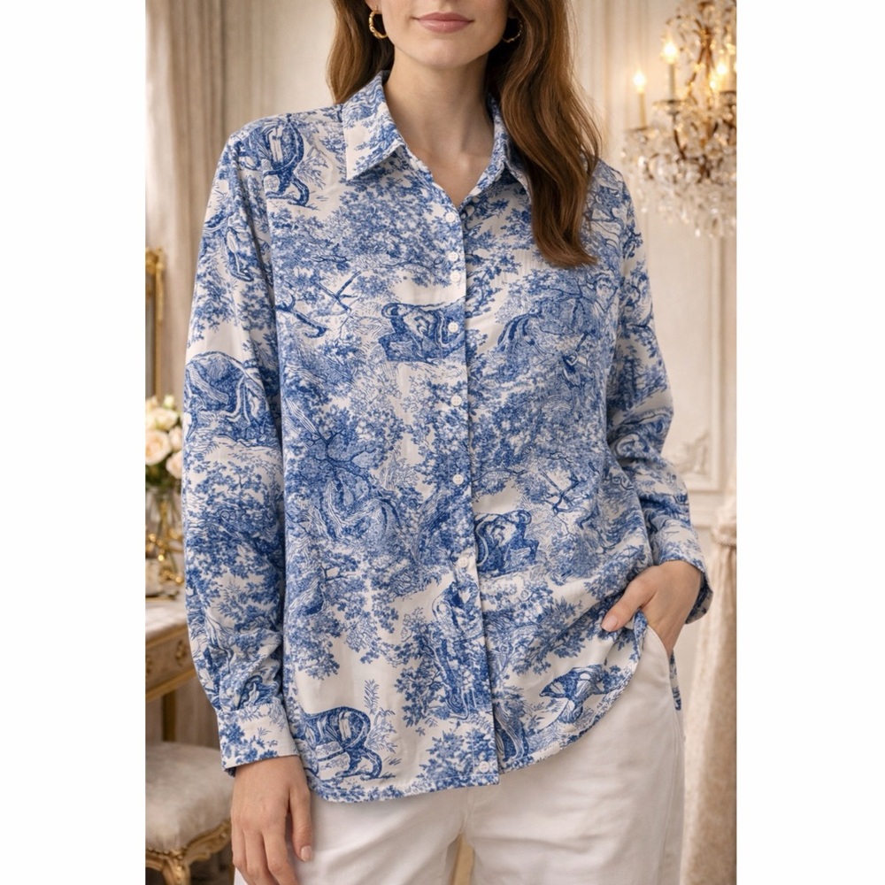 Sunday Up Satiny Luxe Blue Spring Design Oversized Top